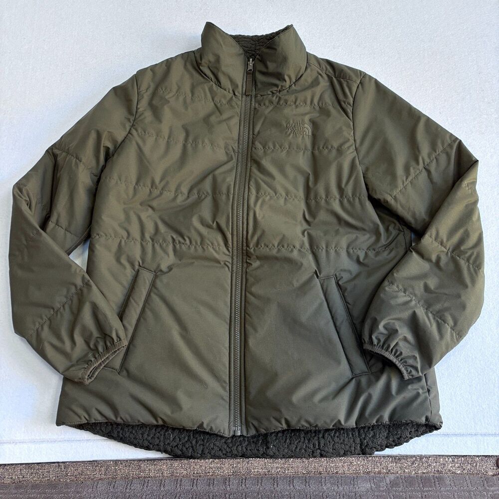 North Face Merriewood Reversible Jacket Fleece Puffer Womens L Army Green Casual